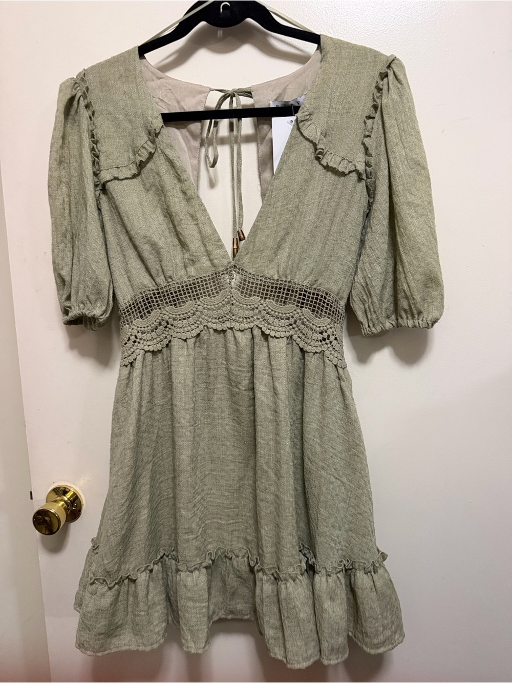 HYFVE Sage Green Crochet-Waist Puff Sleeve Mini Dress